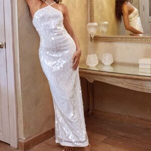 Elegant White Sequin Maxi Dress With Open Back